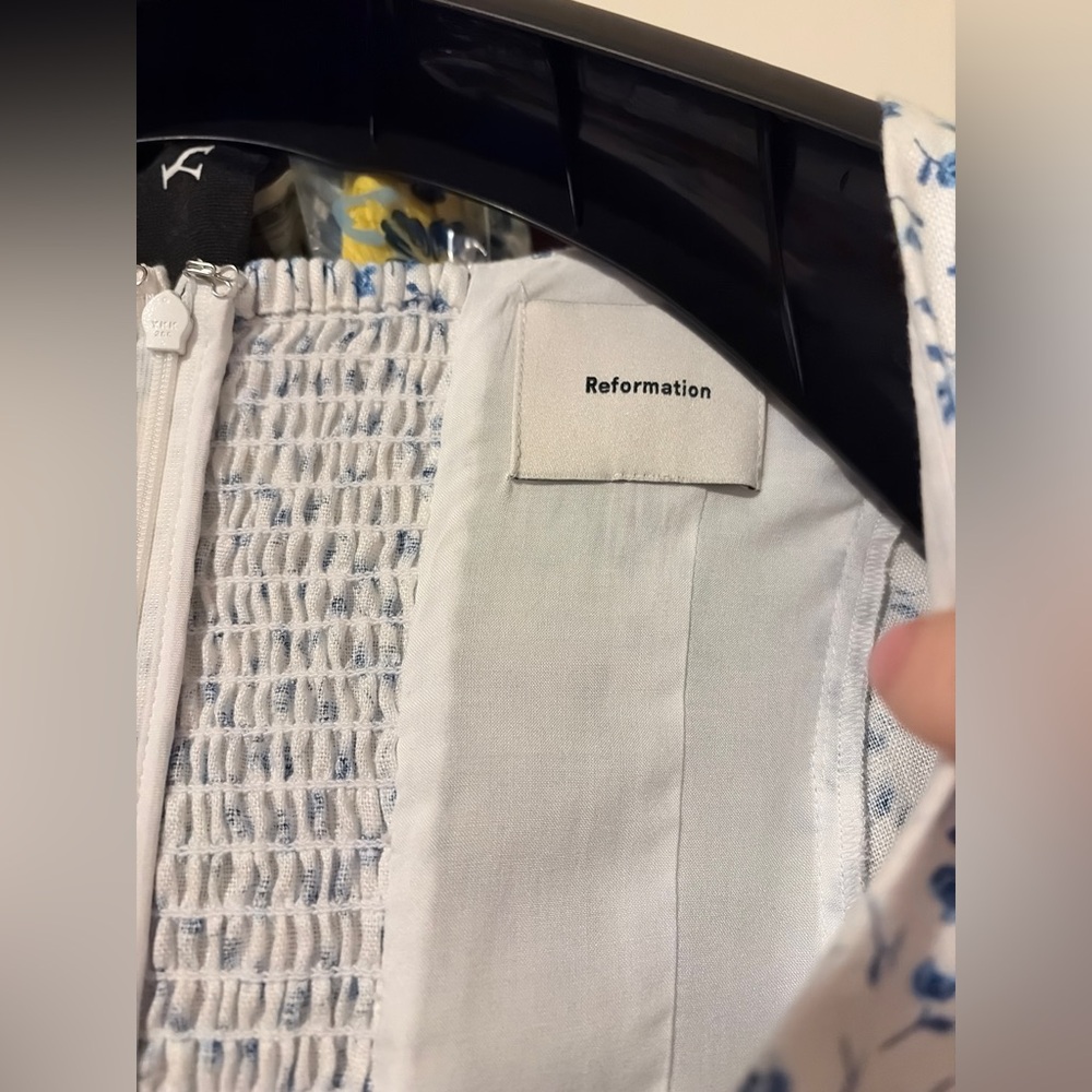 Reformation White Midi Skirt with Blue Floral Print and Side Slit - Picture 3 of 4